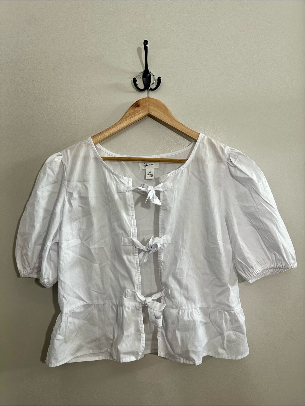Japna White Tie-Front Peplum Blouse with Puff Sleeves Size XL